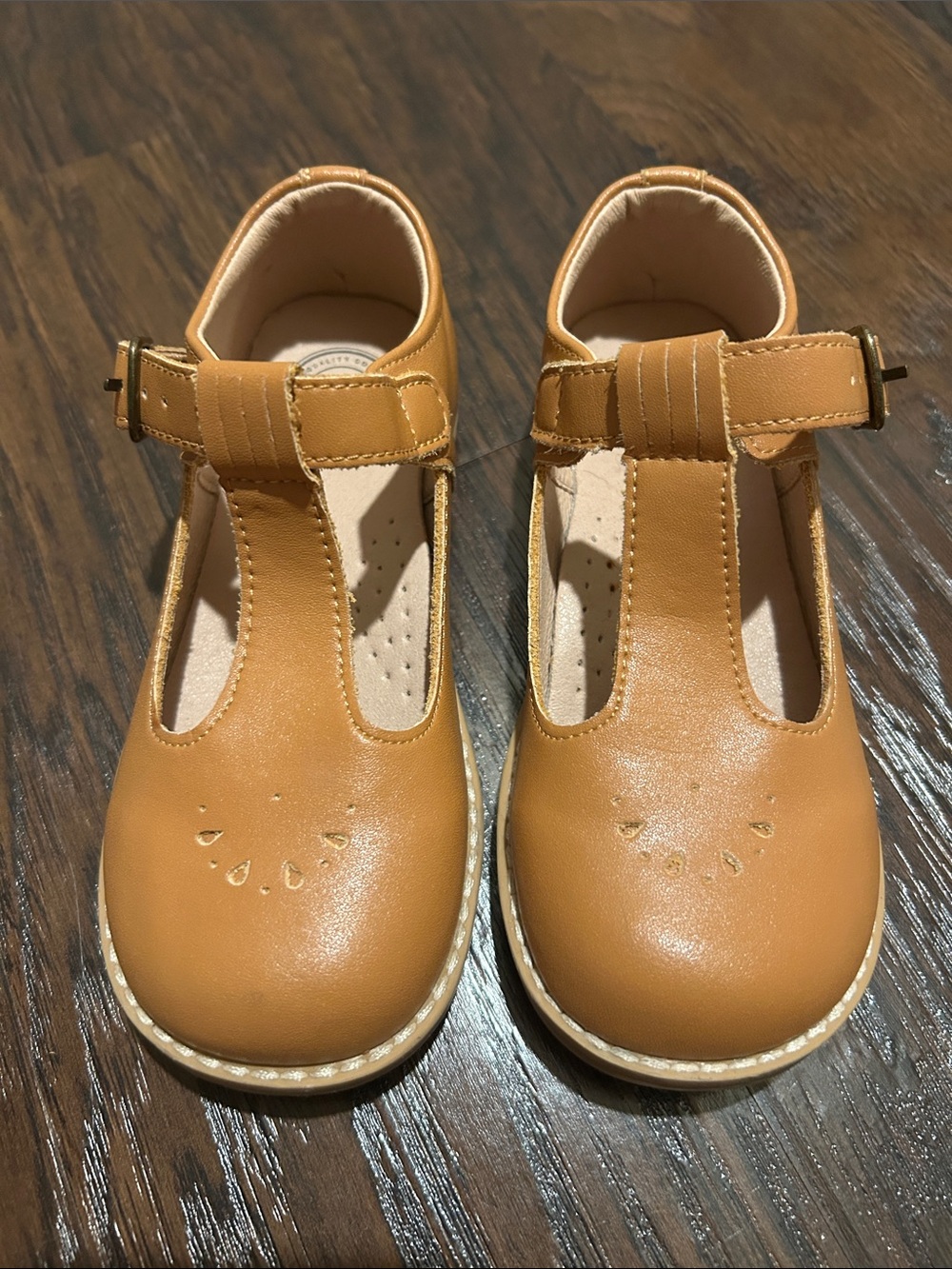 Girls Tan T-Strap Dress Shoes with Buckle Closure